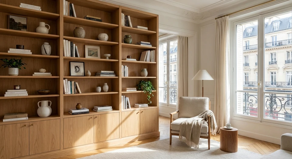 Photographie réelle d'une bibliothèque sur mesure en bois, intégrée dans un intérieur élégant, montrant des étagères remplies de livres et d'objets décoratifs, illustrant la transformation d'un mur en espace de vie aménagé avec précision.