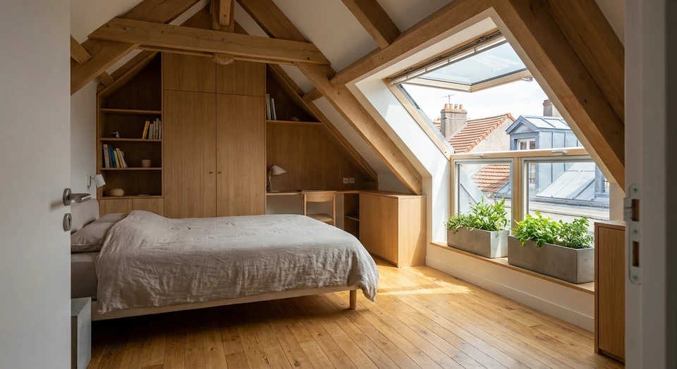 Une chambre lumineuse aménagée sous les combles d'une maison, avec des pentes de toit visibles, mobilier intégré épousant les contraintes architecturales, large fenêtre de toit laissant entrer la lumière naturelle, décoration moderne et fonctionnelle mettant en valeur l'espace optimisé, photographie réaliste prise depuis l'entrée de la pièce montrant la transformation d'un volume précédemment inexploité.