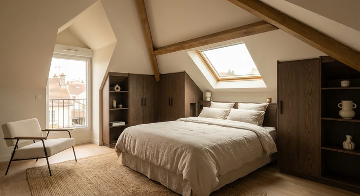 Intérieur moderne haut de gamme avec canapé deux places en velours bleu-gris aux lignes arrondies, liseré doré