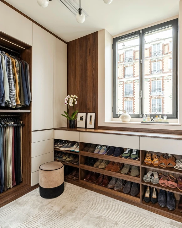 Dressing-room luxueux avec placards blancs laqués, portes coulissantes en verre, tiroirs intégrés et éclairage LED encastré au plafond
