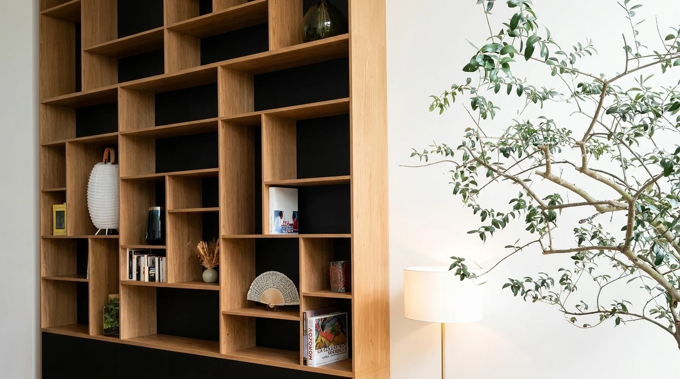 Intérieur moderne minimaliste avec étagères murales flottantes en bois clair disposées de manière asymétrique sur mur beige