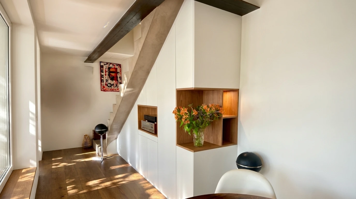 Intérieur moderne avec escalier rouge et bibliothèque intégrée sous les marches
