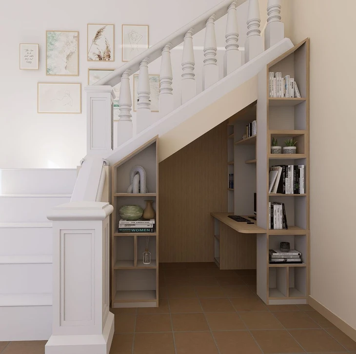 Intérieur résidentiel avec escalier escamotable déployé donnant accès aux combles