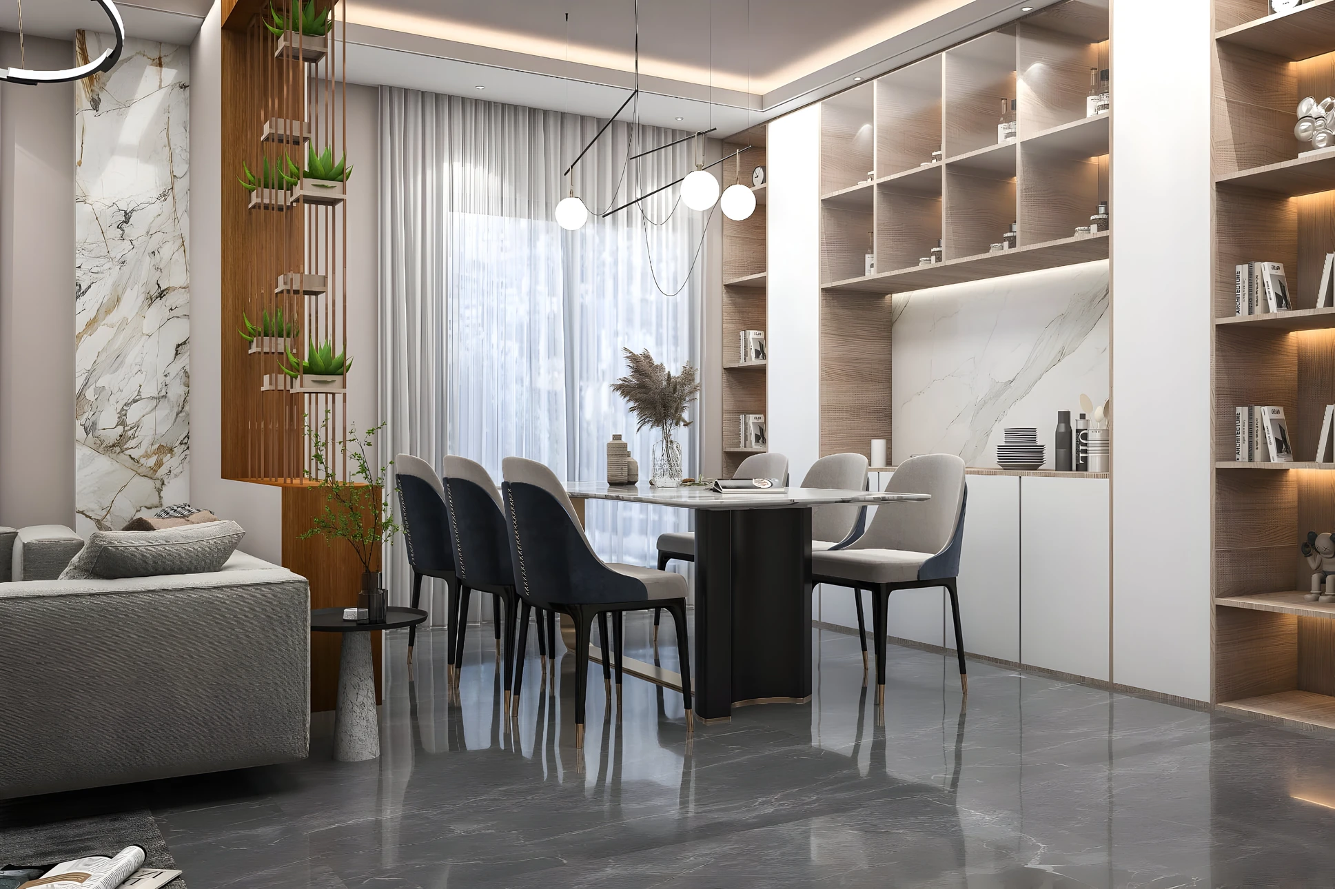 Salle à manger moderne avec table blanche rectangulaire et six chaises beiges rembourrées